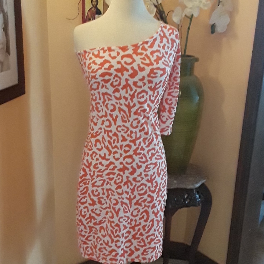 Persifor one shoulder orange leopard print dress S